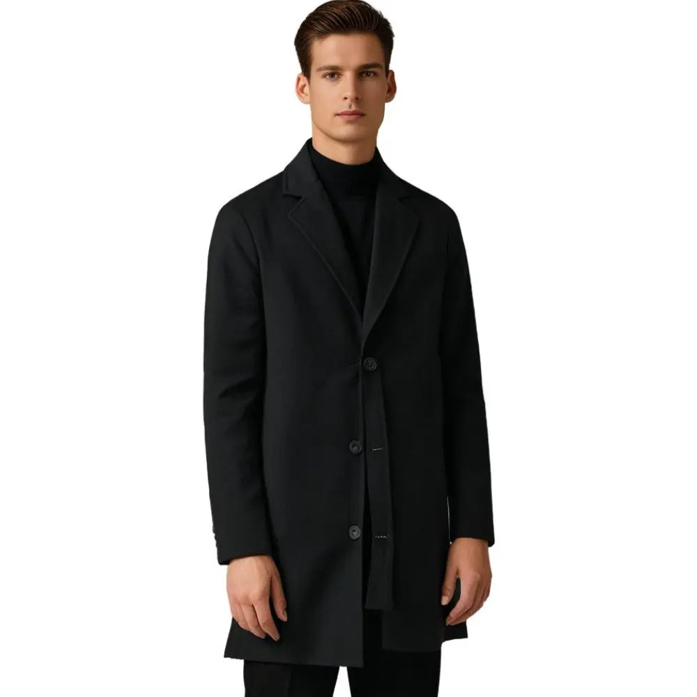 Men's Single-Breasted Long Overcoat in Dark Grey - alternate angle showing fit and fabric detail