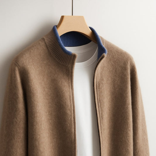 Men's Full-Zip Knit Jacket in Camel - alternate angle showing fit and fabric detail