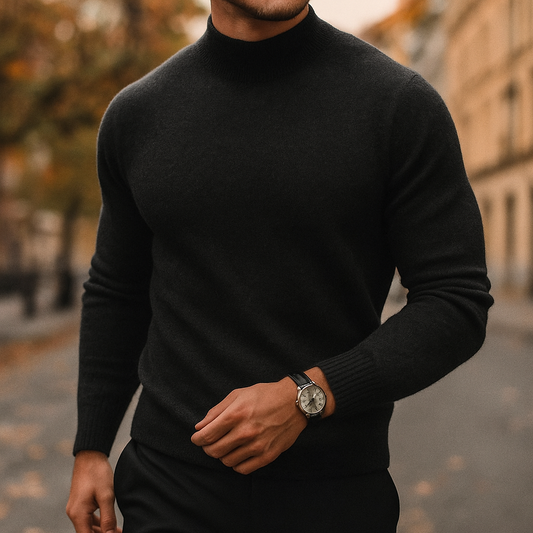 Men's Fine Knit Mock Neck Sweater in Black - front view