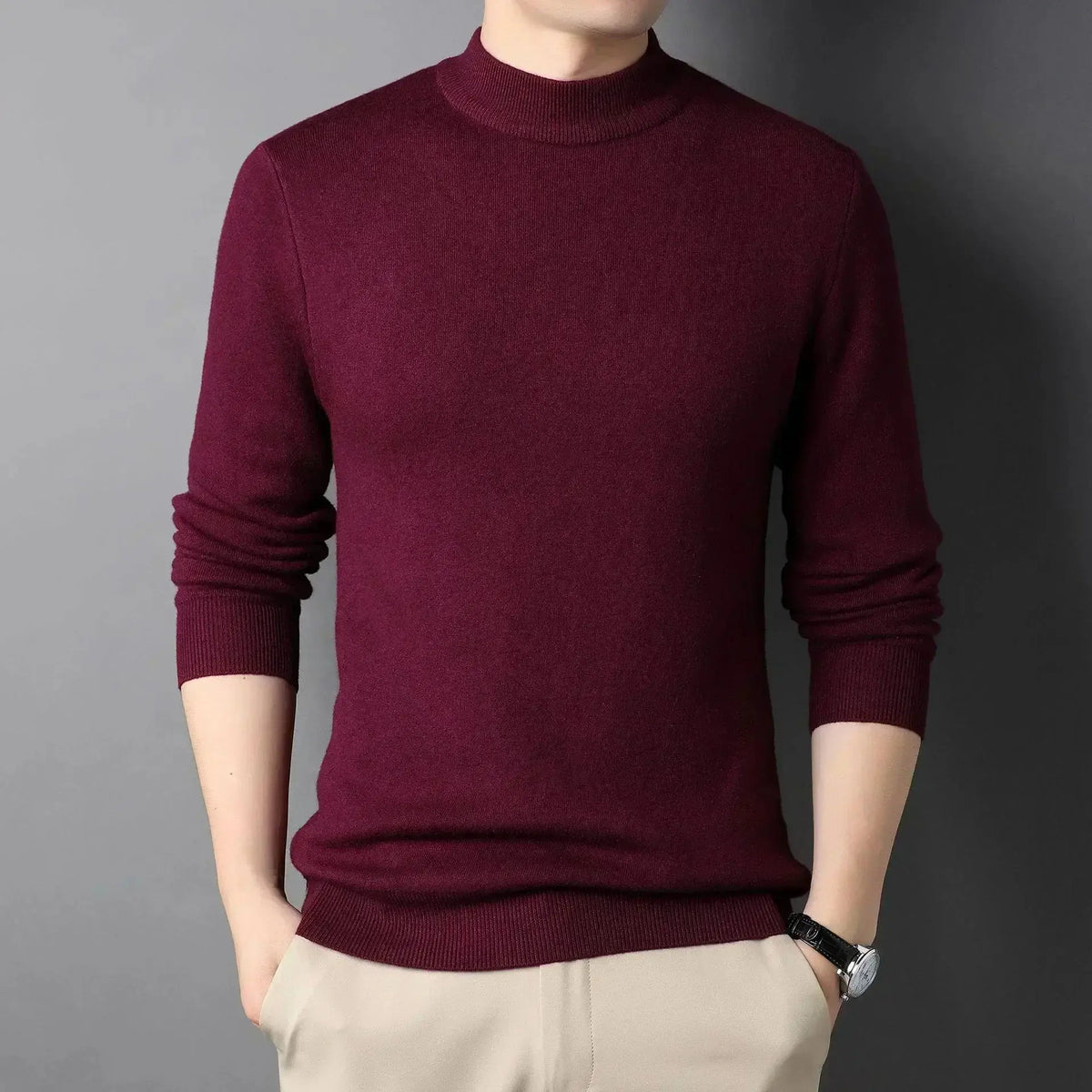 Men's Soft Knit Mock Neck Pullover in Wine Red - alternate angle showing fit and fabric detail
