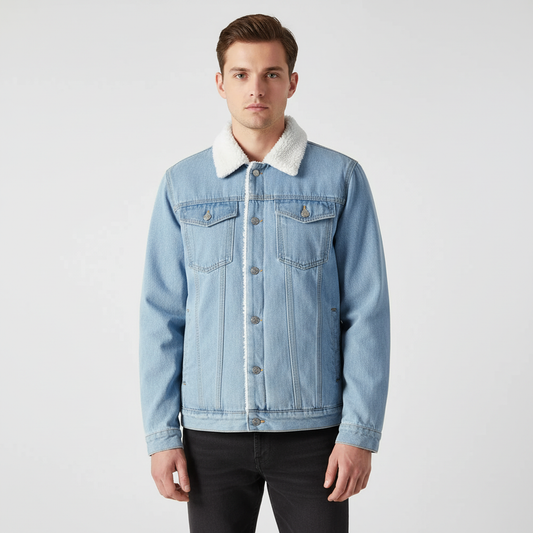 Men's Fleece-Lined Denim Trucker Jacket in Black - alternate angle showing fit and fabric detail