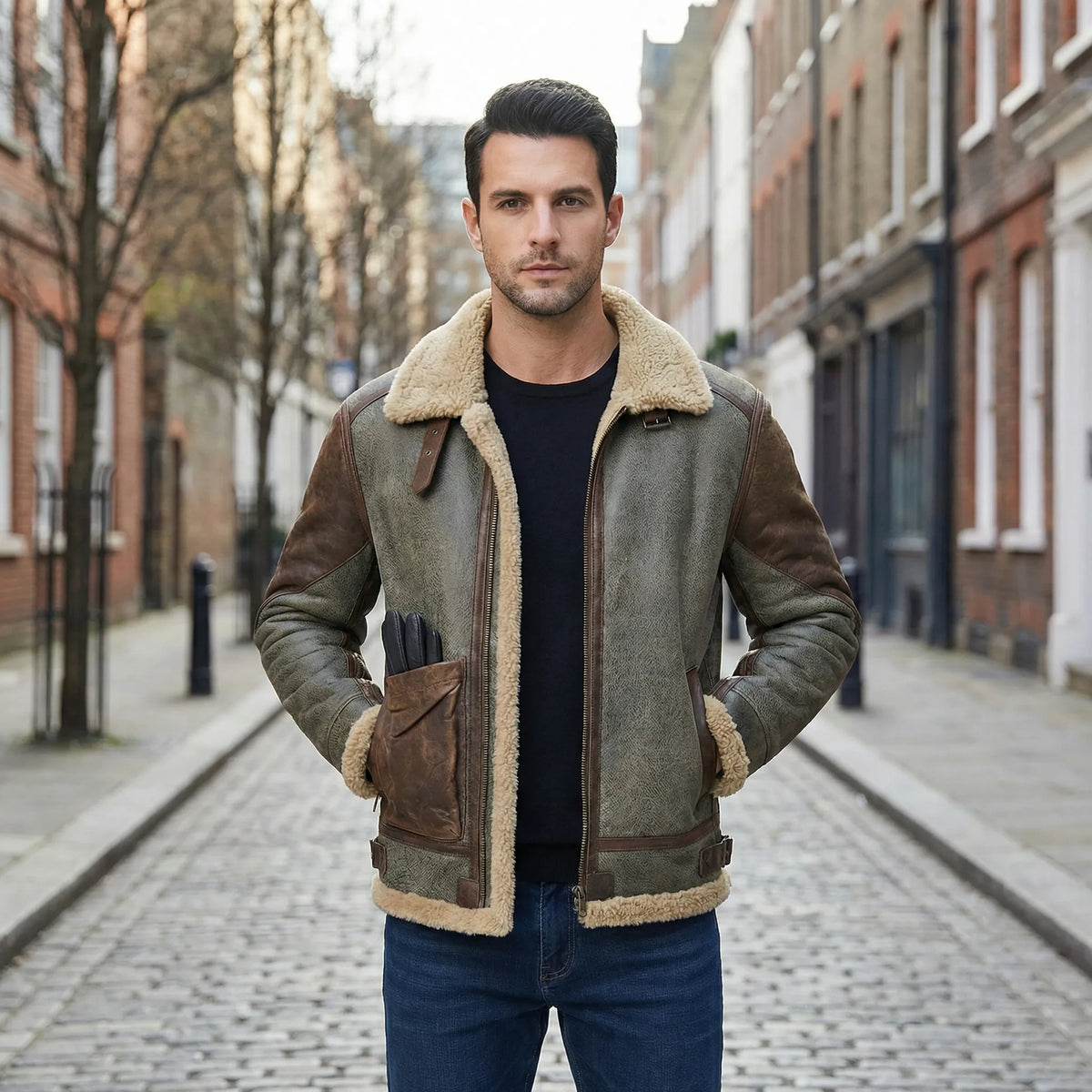 Men's Faux Shearling Collar Aviator Jacket in Red - alternate angle showing fit and fabric detail