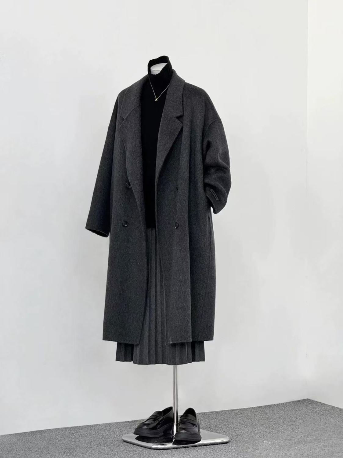 Women's Dropped Shoulder Long Coat - alternate angle showing fit and fabric detail