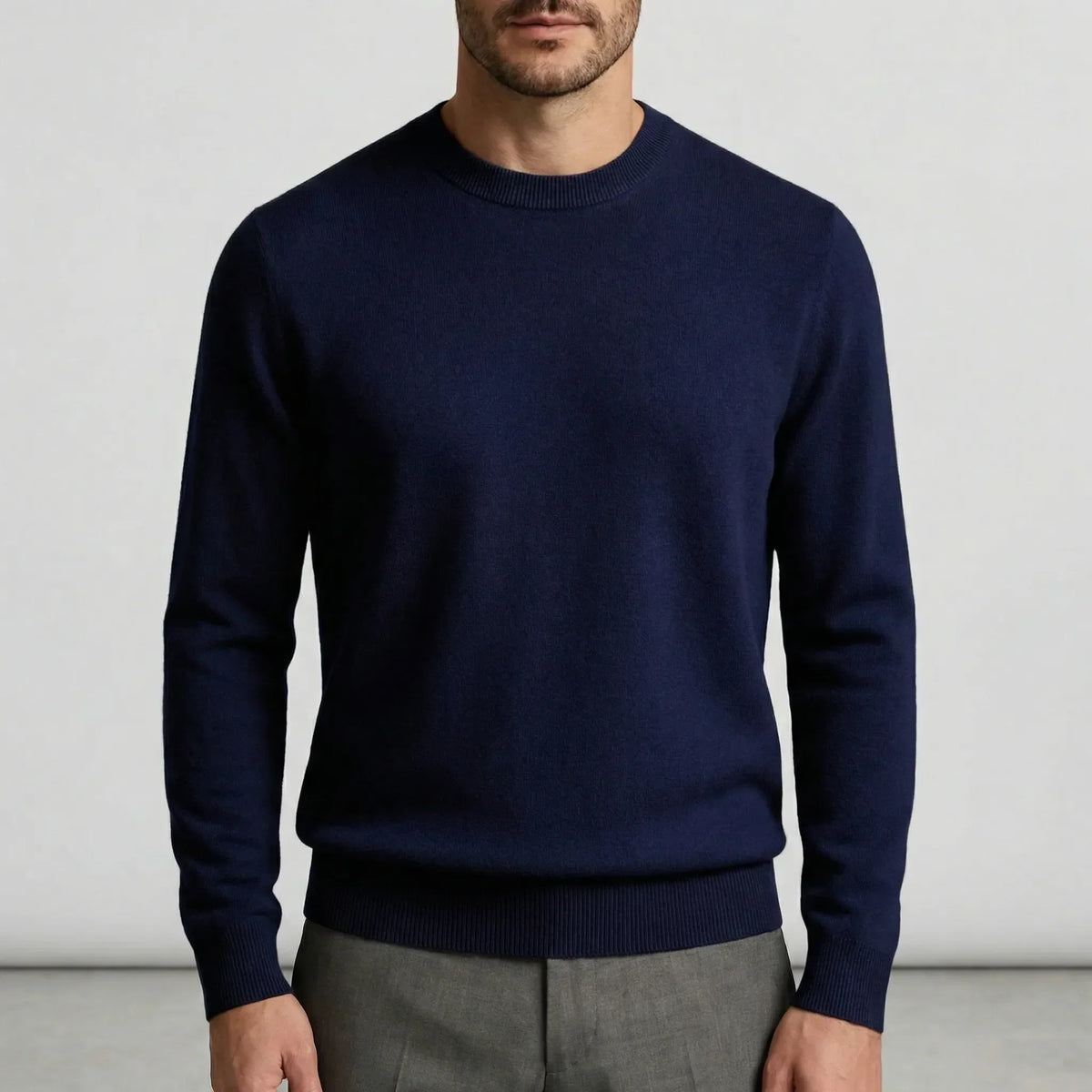 Men's Fine Knit Crew Neck Sweater in Dark Blue - front view