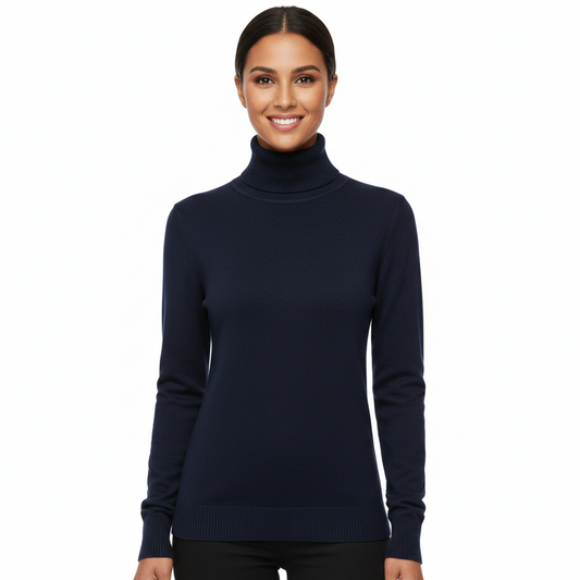 Women's Slim Fit Ribbed Turtleneck Sweater in Dark Blue - front view