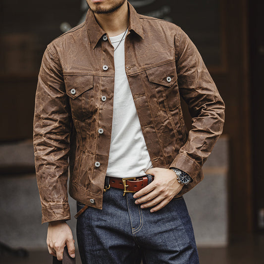 Men's Waxed Canvas Trucker Jacket in Brown - alternate angle showing fit and fabric detail