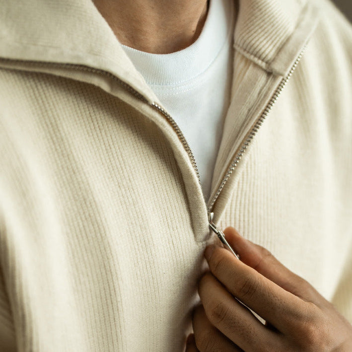 Men's Chunky Knit Quarter-Zip Sweater in Stone Oat - front view