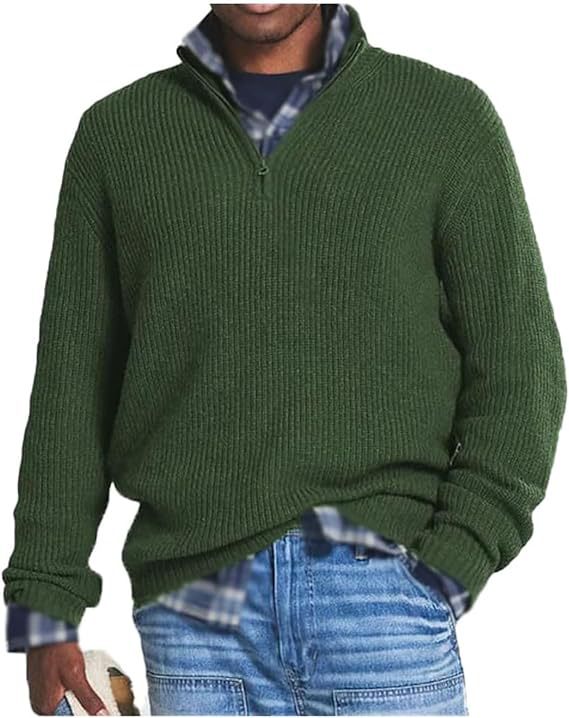 Men's Ribbed Knit Quarter-Zip Pullover in Dark Green - front view