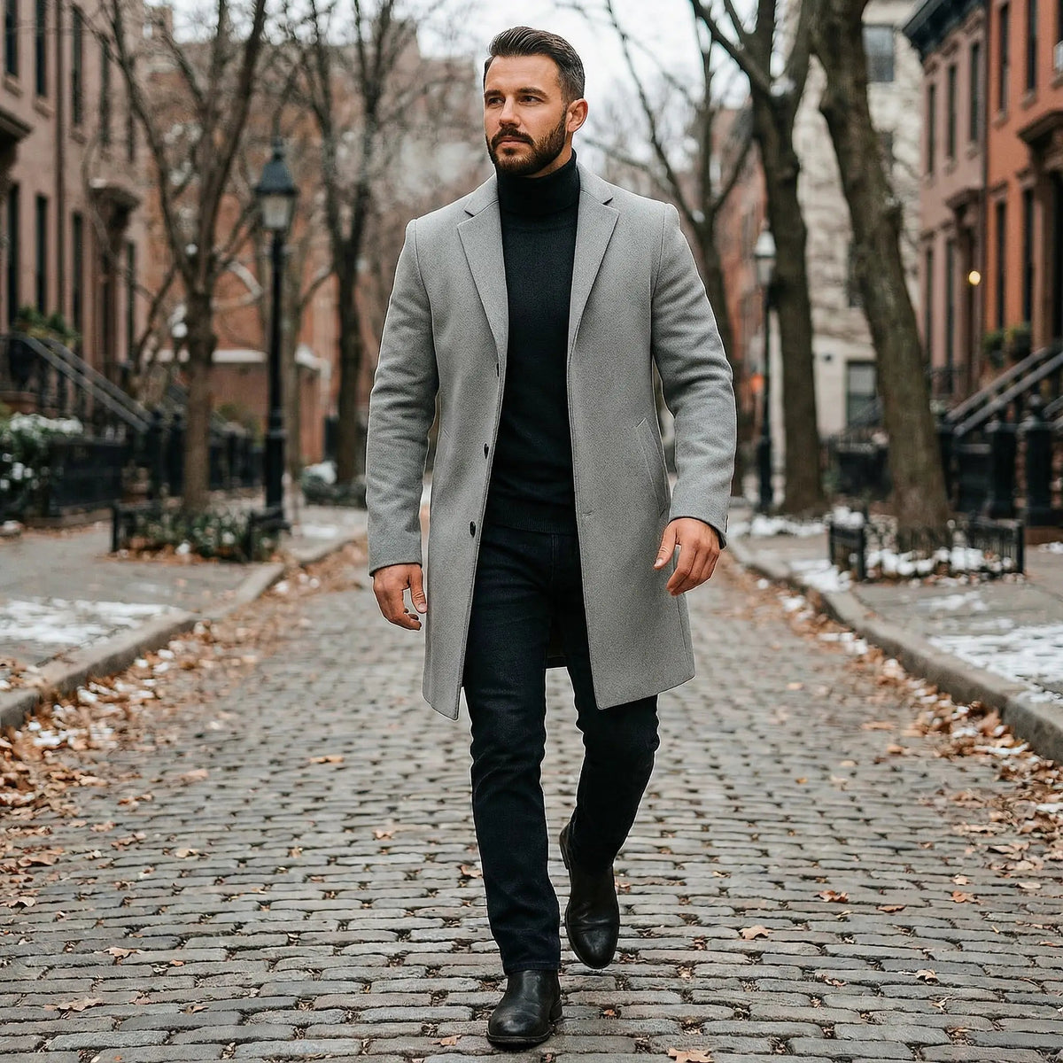 Men's Long Wool-Blend Overcoat with Notch Lapel in Brown - alternate angle showing fit and fabric detail