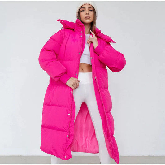 Women's Long Puffer Coat in Pink - front view