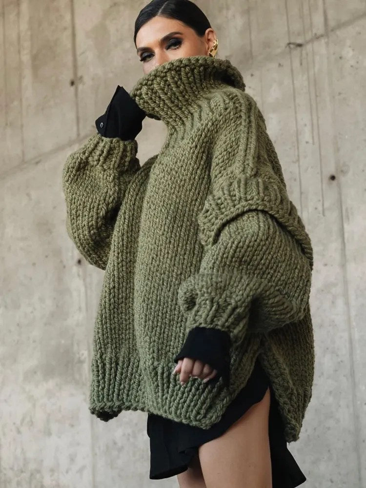 Women's Oversized Chunky Roll Neck Sweater in Green - front view