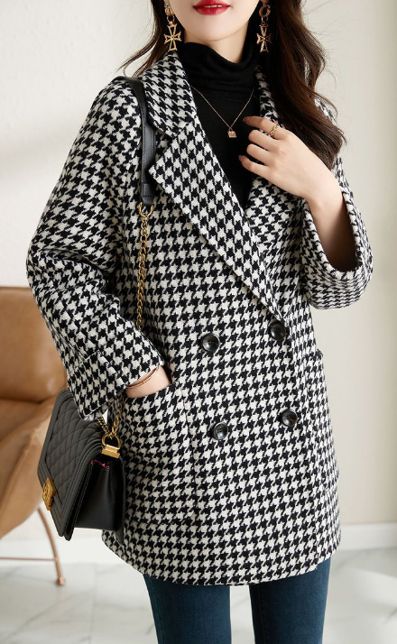 Women's Houndstooth Double-Breasted Blazer Coat in Black - front view