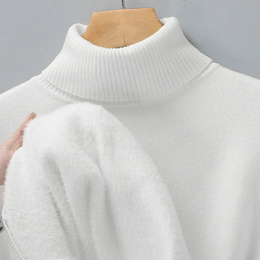 Men's Brushed Knit Turtleneck Sweater in White - alternate angle showing fit and fabric detail
