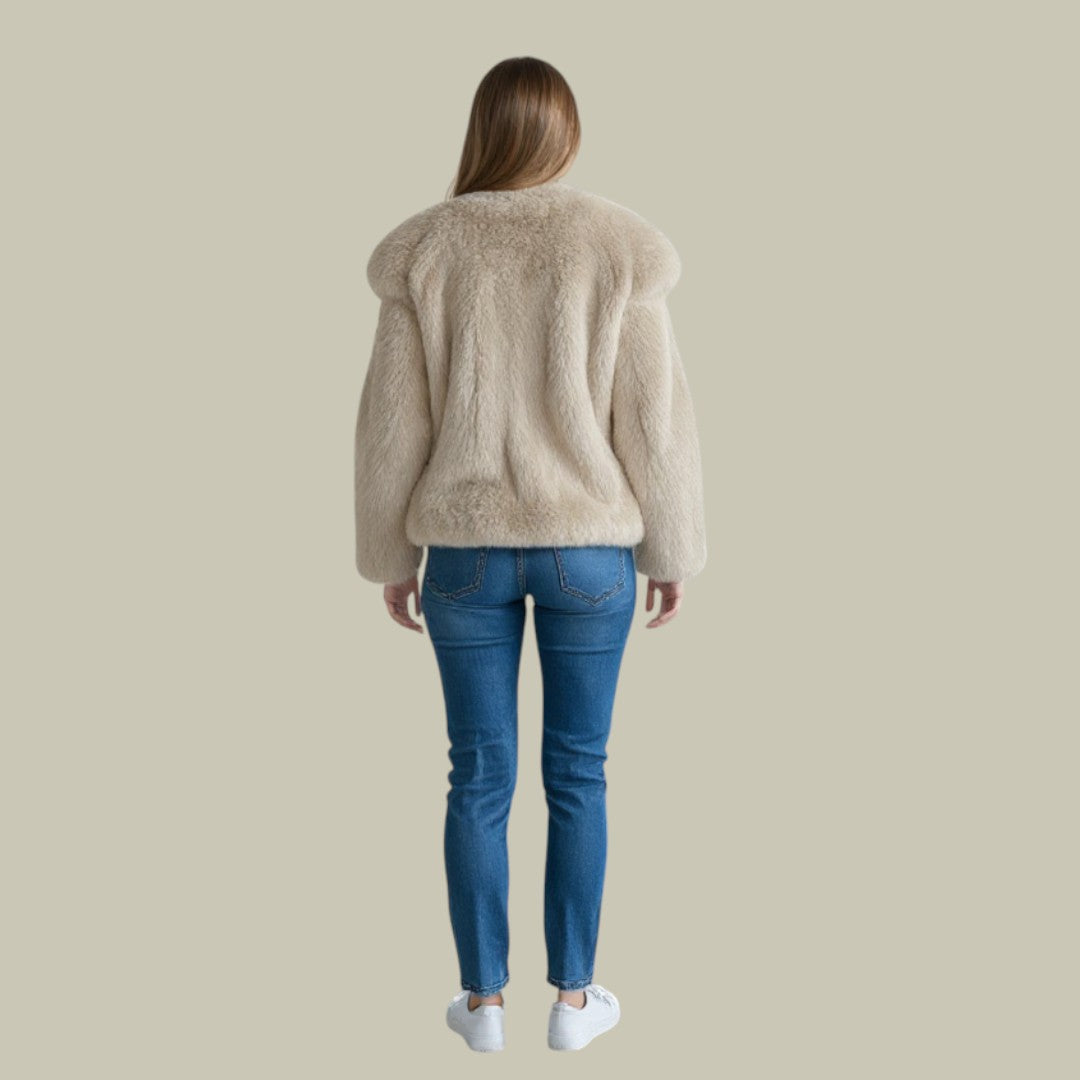 Women's Ribbed Funnel Neck Sweater in Beige - alternate angle showing fit and fabric detail
