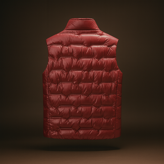 Men's Quilted Puffer Vest with Stand Collar in Burgundy - alternate angle showing fit and fabric detail