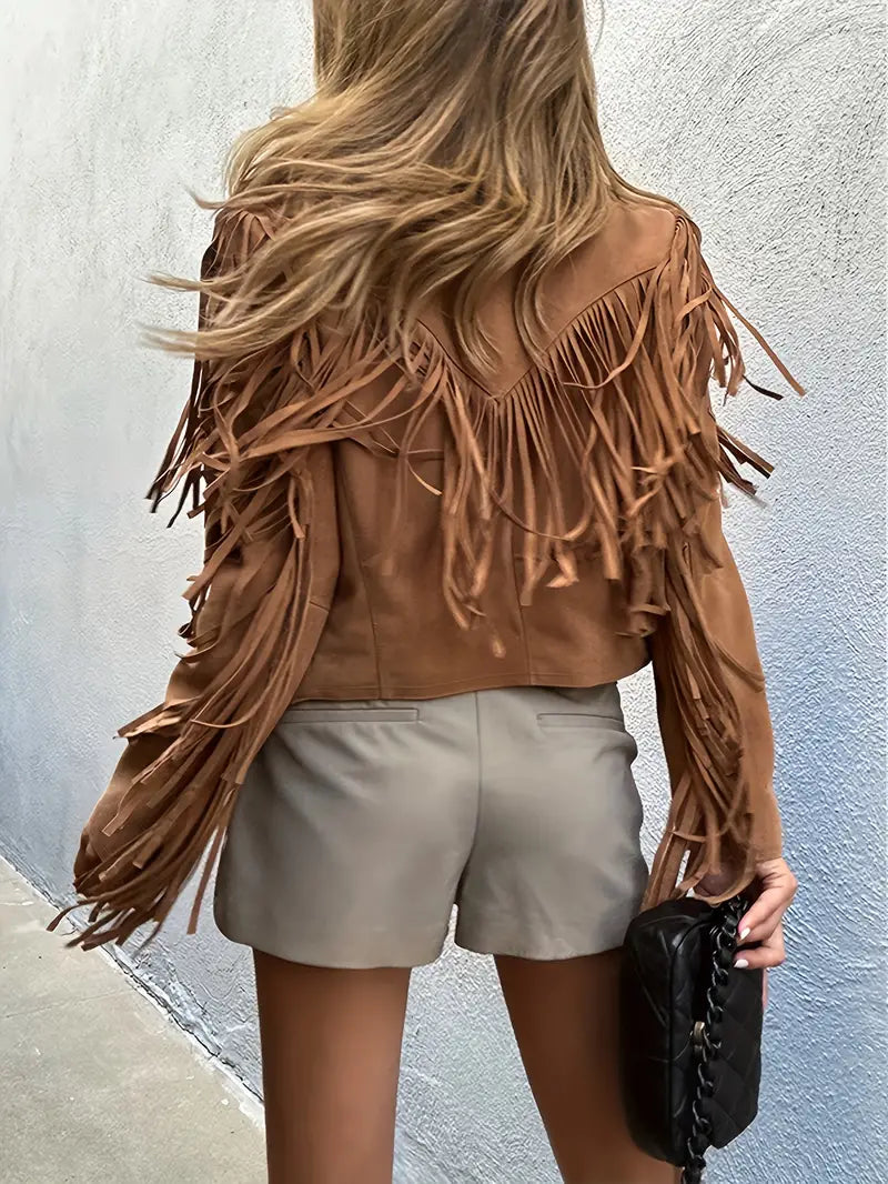 Women's Suede-Look Fringe Jacket in Brown - alternate angle showing fit and fabric detail