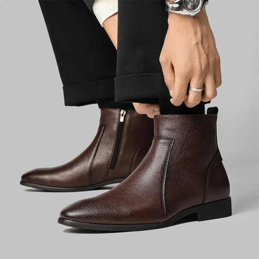 Men's Side Zip Chelsea Boots in Dark Brown - alternate angle showing fit and fabric detail