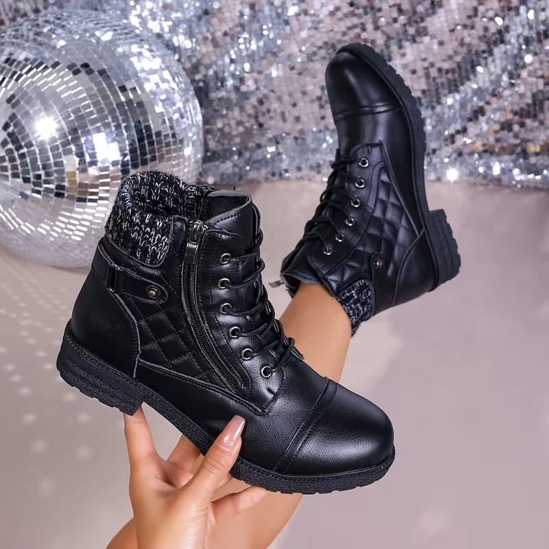 Women's Quilted Lace-Up Ankle Boots in Black - alternate angle showing fit and fabric detail