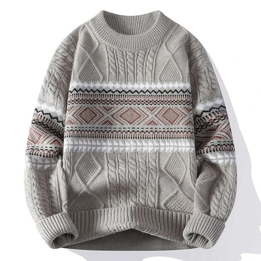 Fair Isle Cable Knit Crew Neck Sweater in Khaki - front view