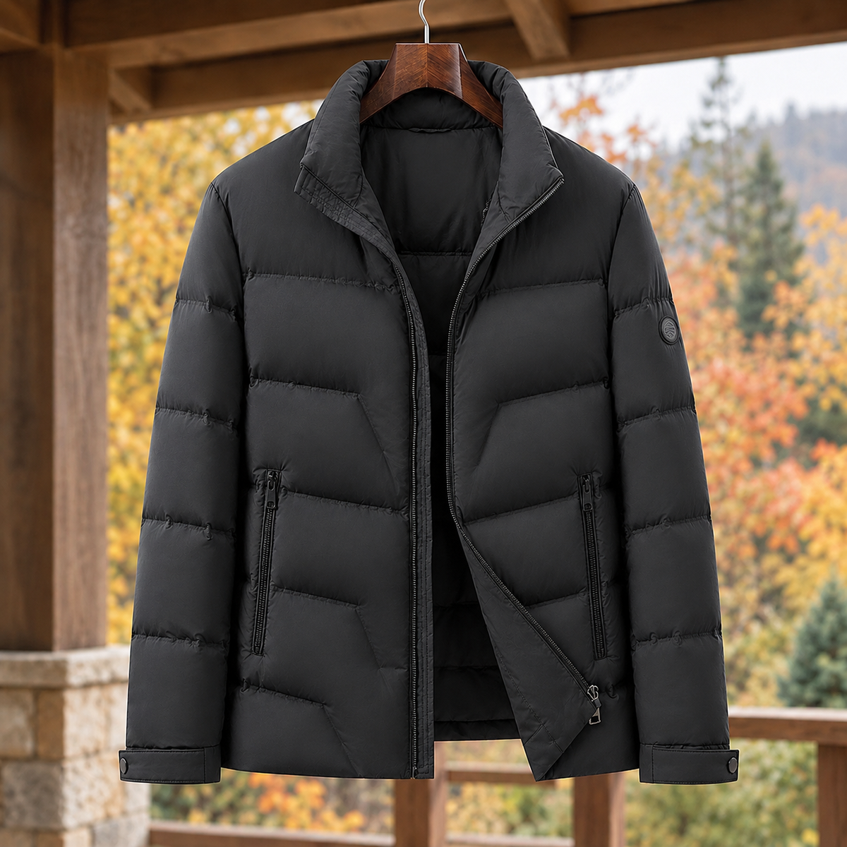 Men's Quilted Down Puffer Jacket in Black - front view