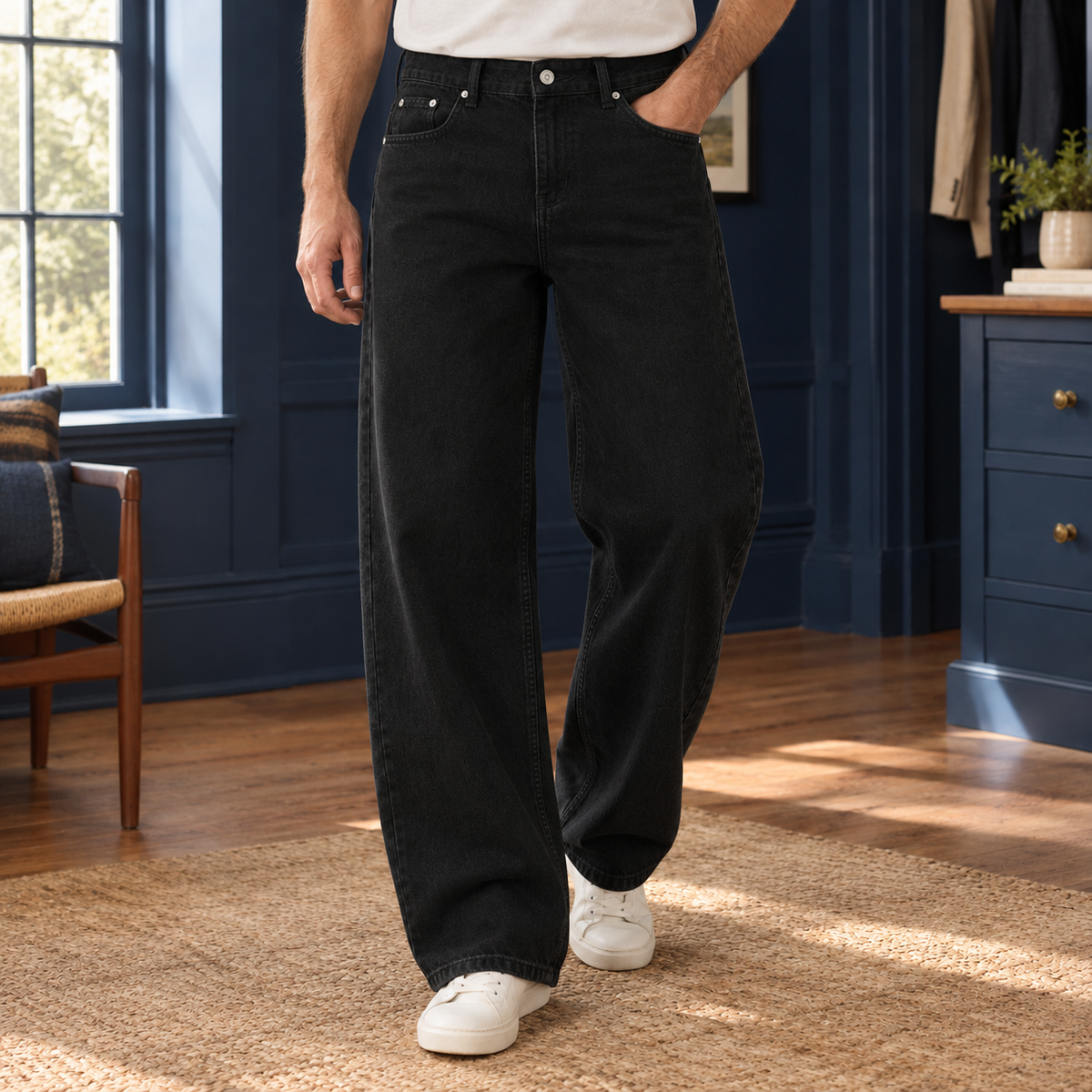 Men's Wide Leg Jeans in Black - front view