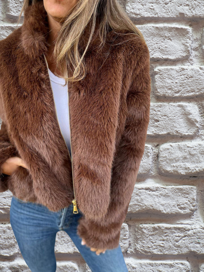 Women's Cropped Faux Fur Jacket in Purple - alternate angle showing fit and fabric detail