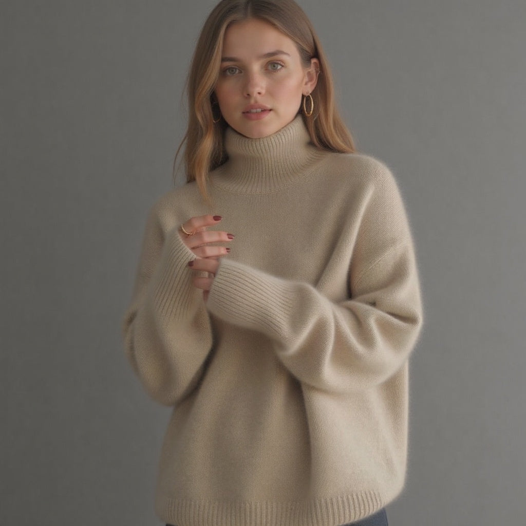 Women's Relaxed Roll Neck Sweater in Grey - alternate angle showing fit and fabric detail