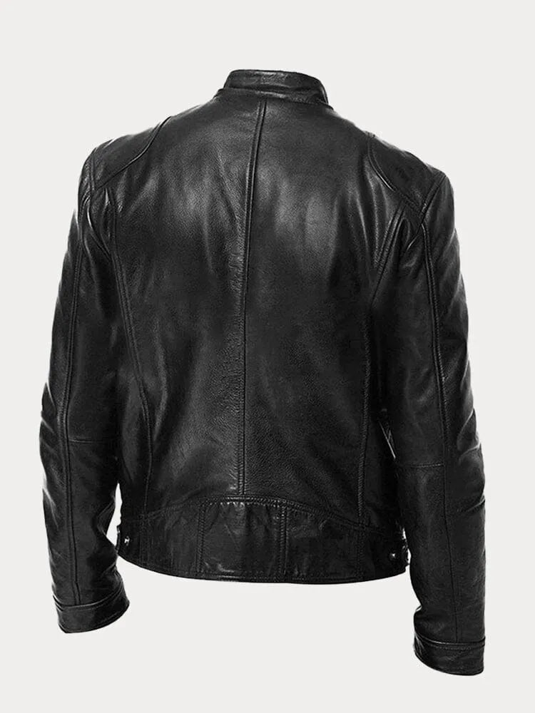 Men's Stand Collar Faux Leather Biker Jacket in Black - alternate angle showing fit and fabric detail