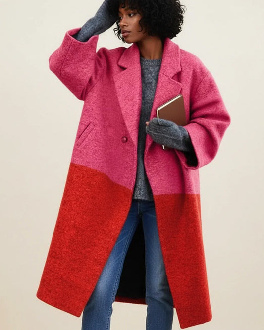 Women's Colour Block Long Coat in Rose Red - front view