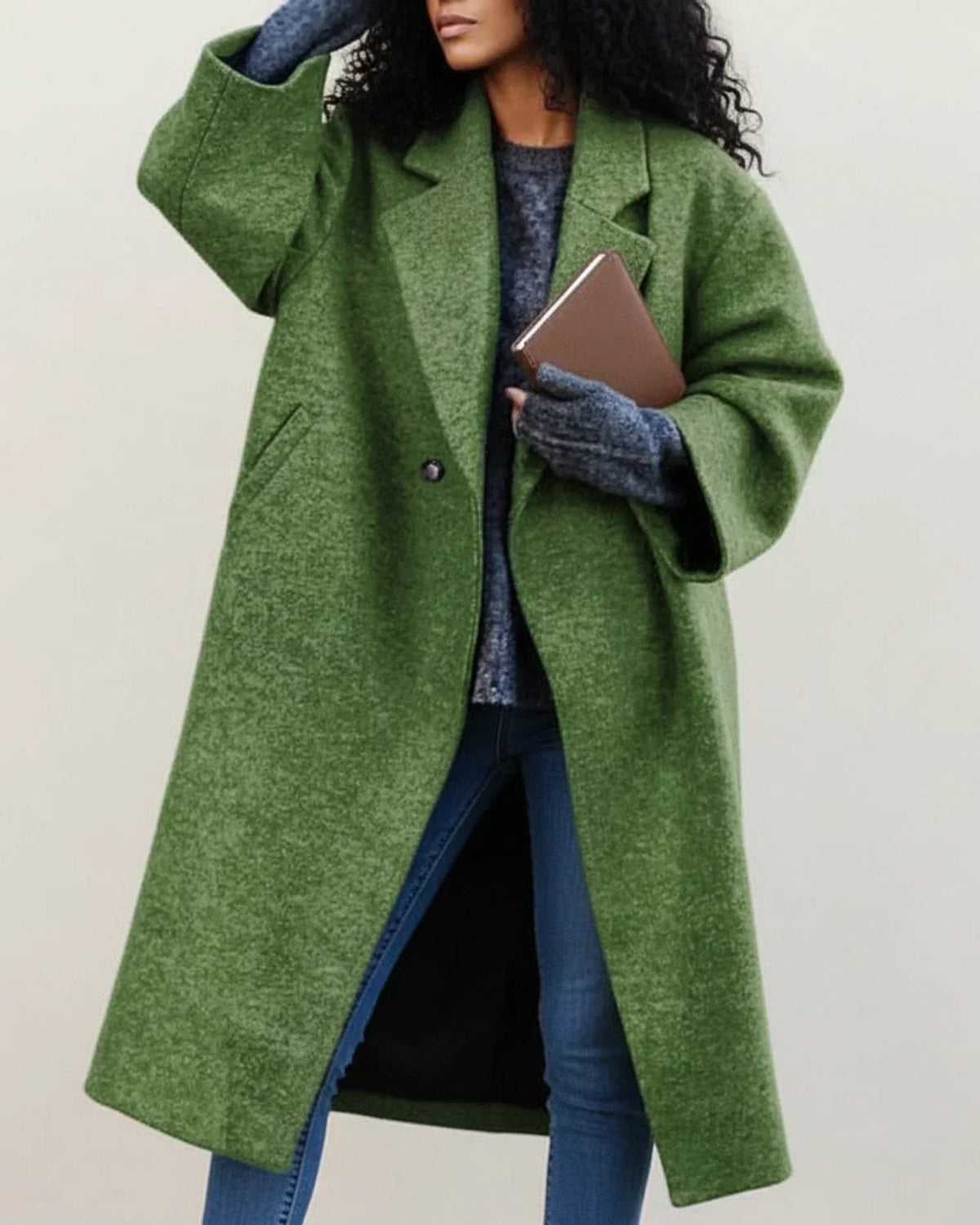 Women's Colour Block Long Coat in Green - front view