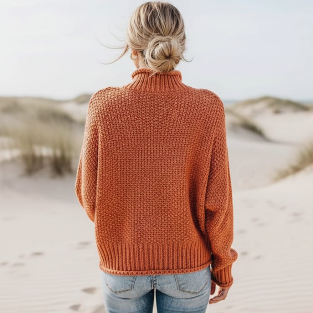 Women's Oversized Chunky Turtleneck Sweater in Burgundy - alternate angle showing fit and fabric detail