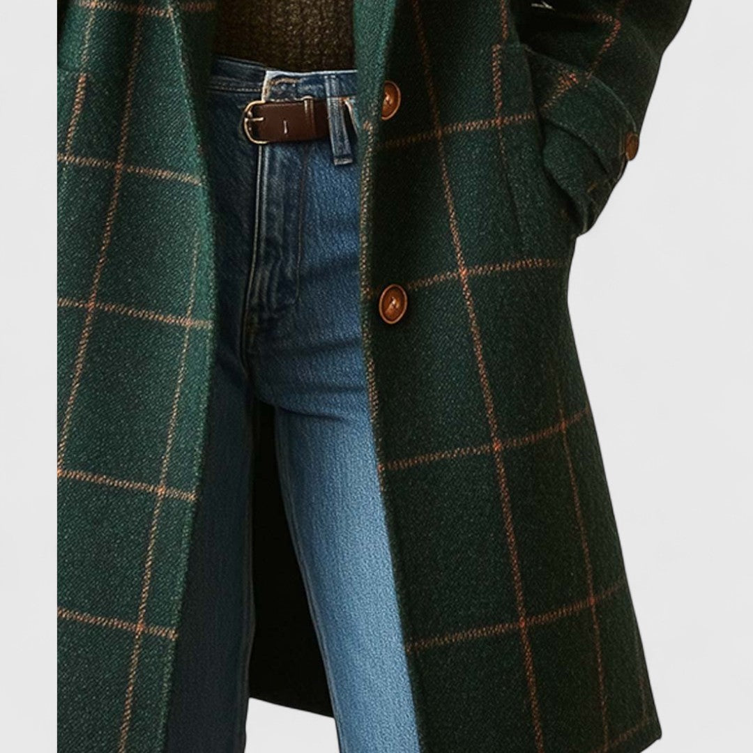Women's Green Check Belted Coat in Dark Green - alternate angle showing fit and fabric detail