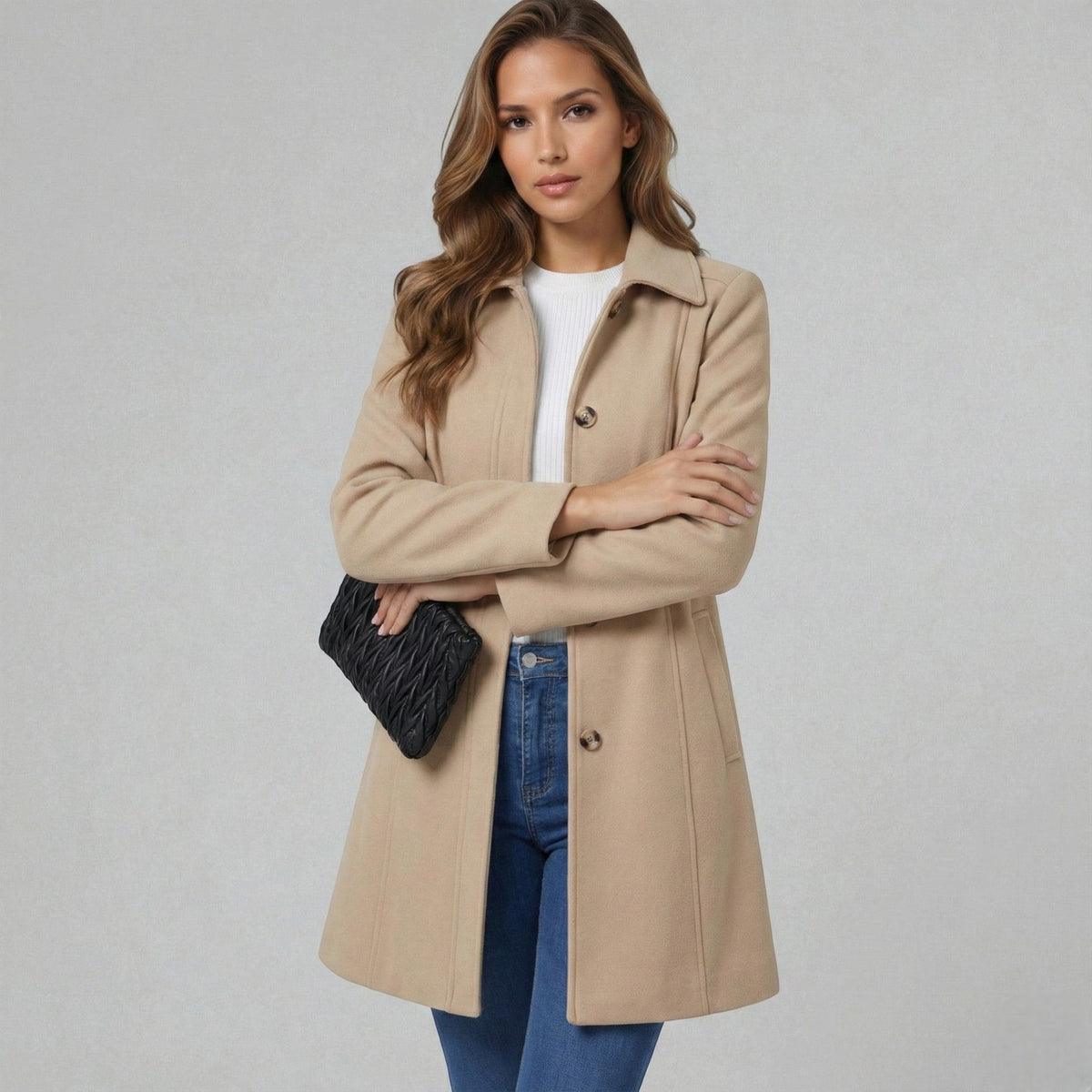 Women's Fit and Flare Coat in Beige - front view