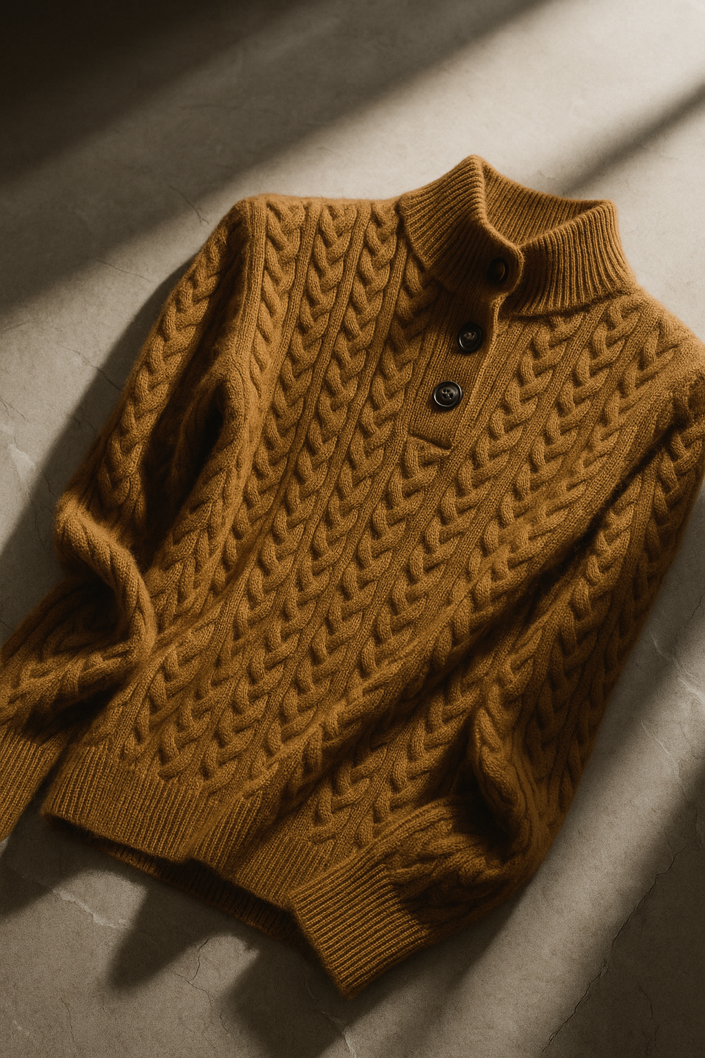 Women's Cable Knit Button Neck Sweater in Grey - alternate angle showing fit and fabric detail