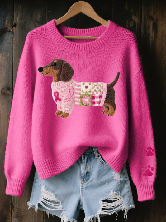 Women's Dachshund Print Sweater in Dark Pink - front view
