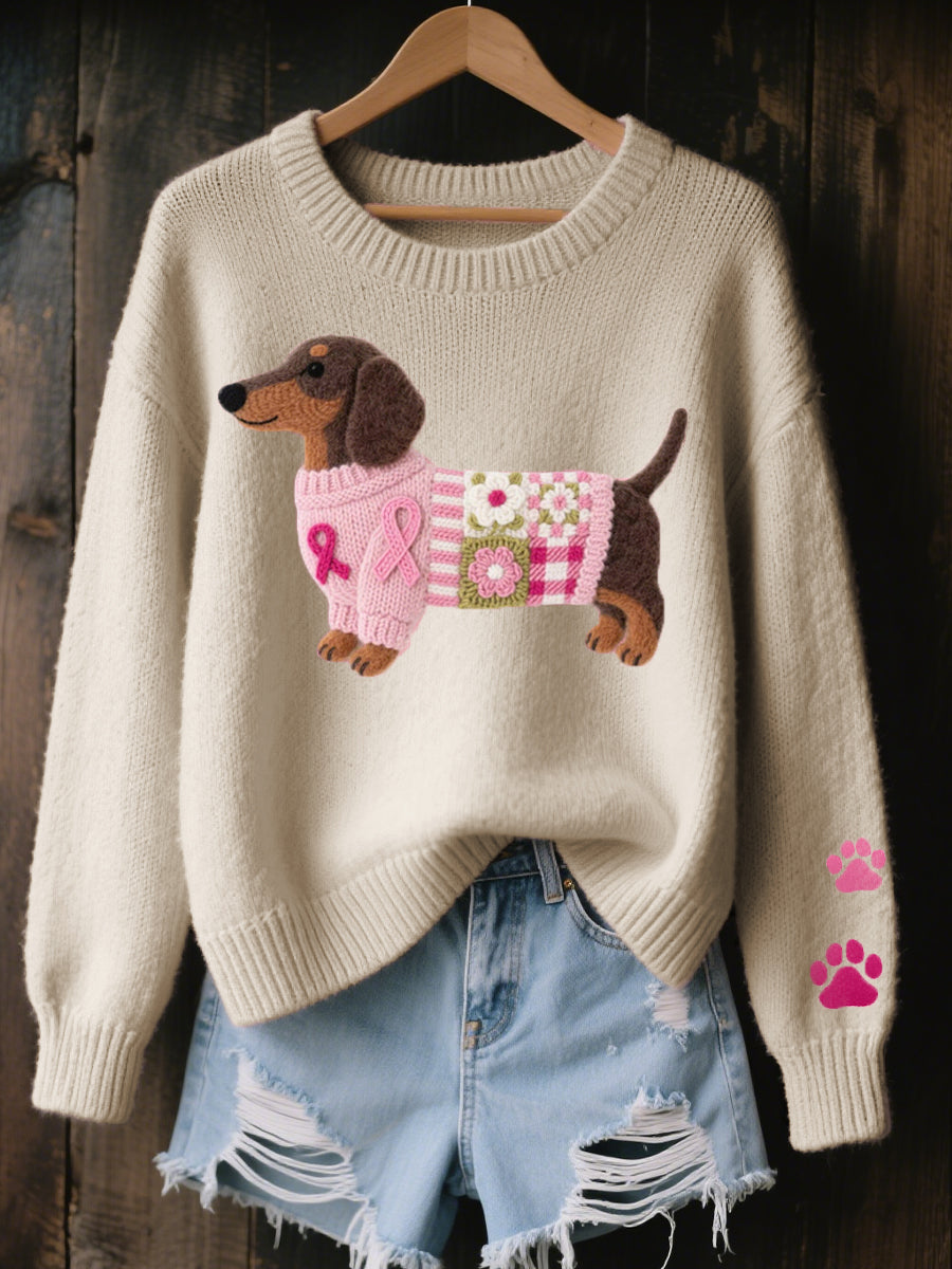 Women's Dachshund Print Sweater in Beige - front view
