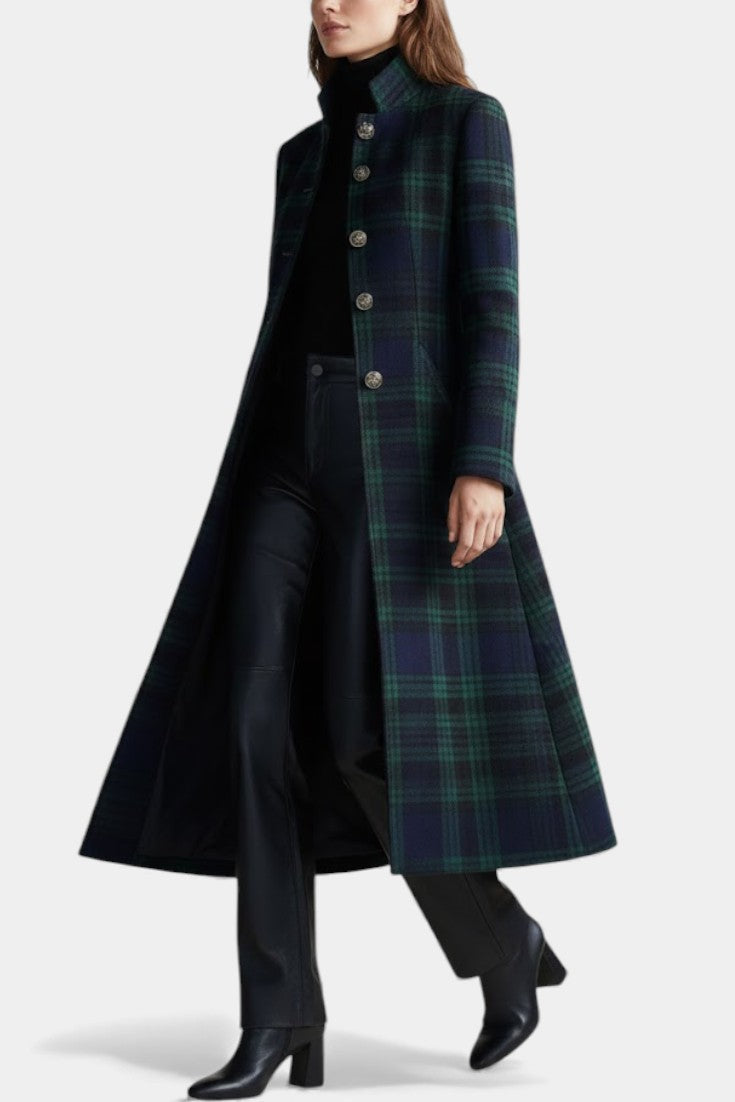Women's Tartan Long Coat in Green - alternate angle showing fit and fabric detail