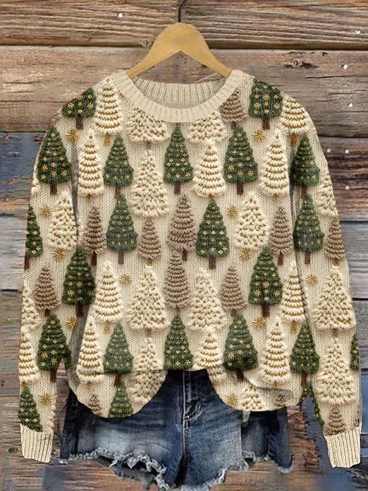 Women's Christmas Tree Print Sweater in Beige - front view