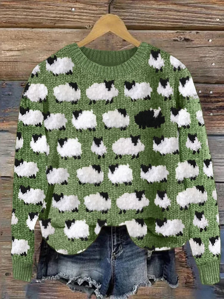 Women's Christmas Tree Print Sweater in Green - front view