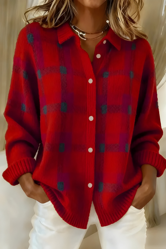 Women's Plaid Shirt Cardigan in Red - front view