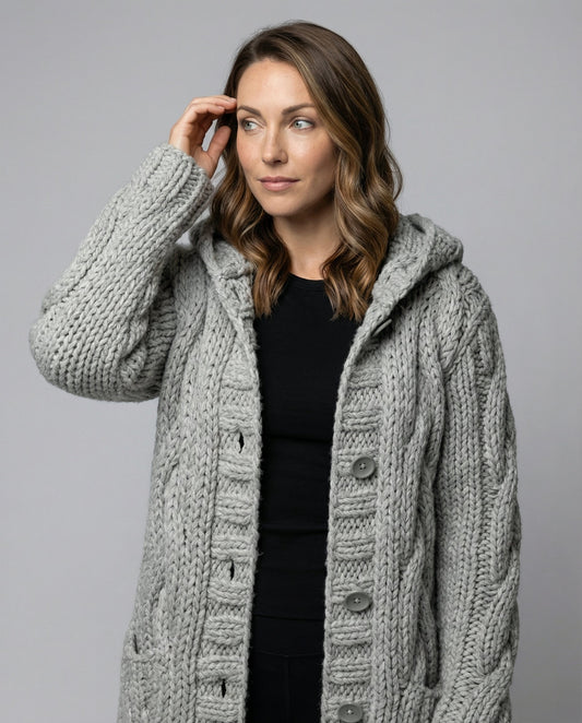 Women's Long Hooded Cardigan in Light Grey - alternate angle showing fit and fabric detail