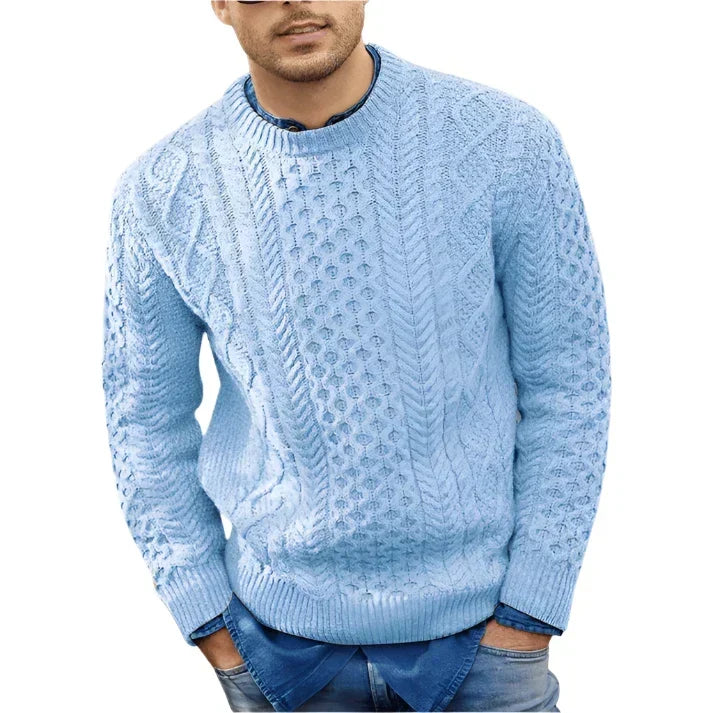 Men's Cable Knit Crew Neck Sweater in Light Blue - front view