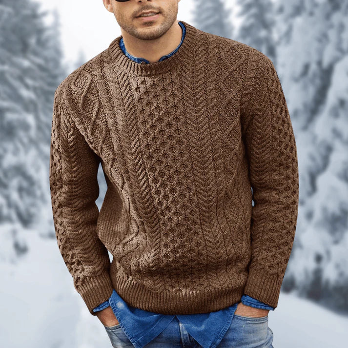Men's Cable Knit Crew Neck Sweater in Brown - front view
