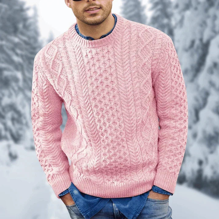 Men's Cable Knit Crew Neck Sweater in Pink - front view