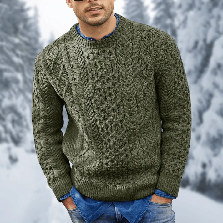 Men's Cable Knit Crew Neck Sweater in Green - front view