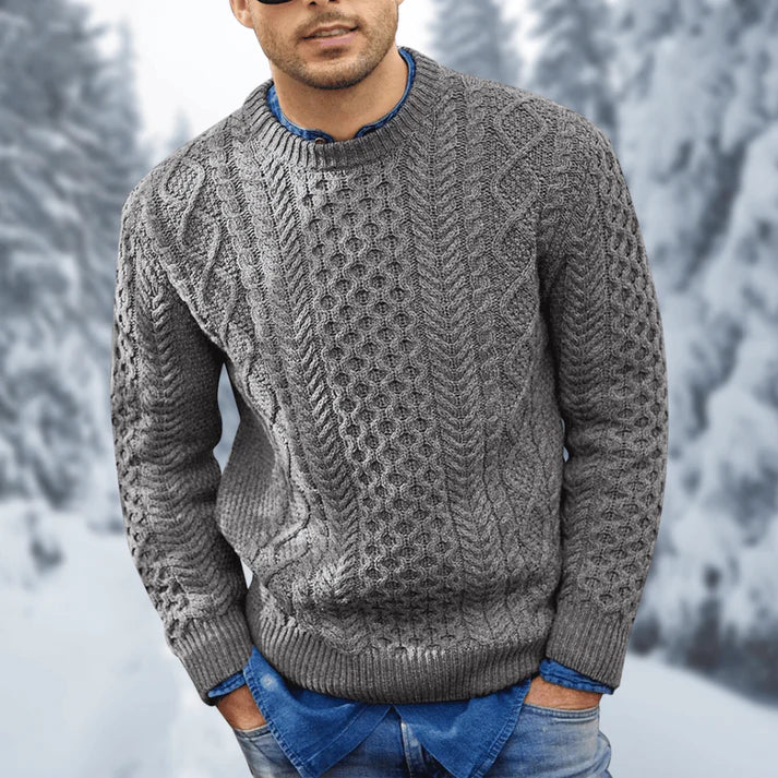 Men's Cable Knit Crew Neck Sweater in Grey - front view