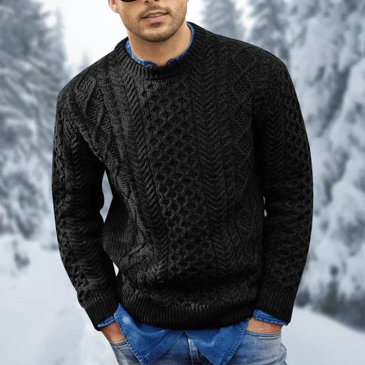 Men's Cable Knit Crew Neck Sweater in Black - front view