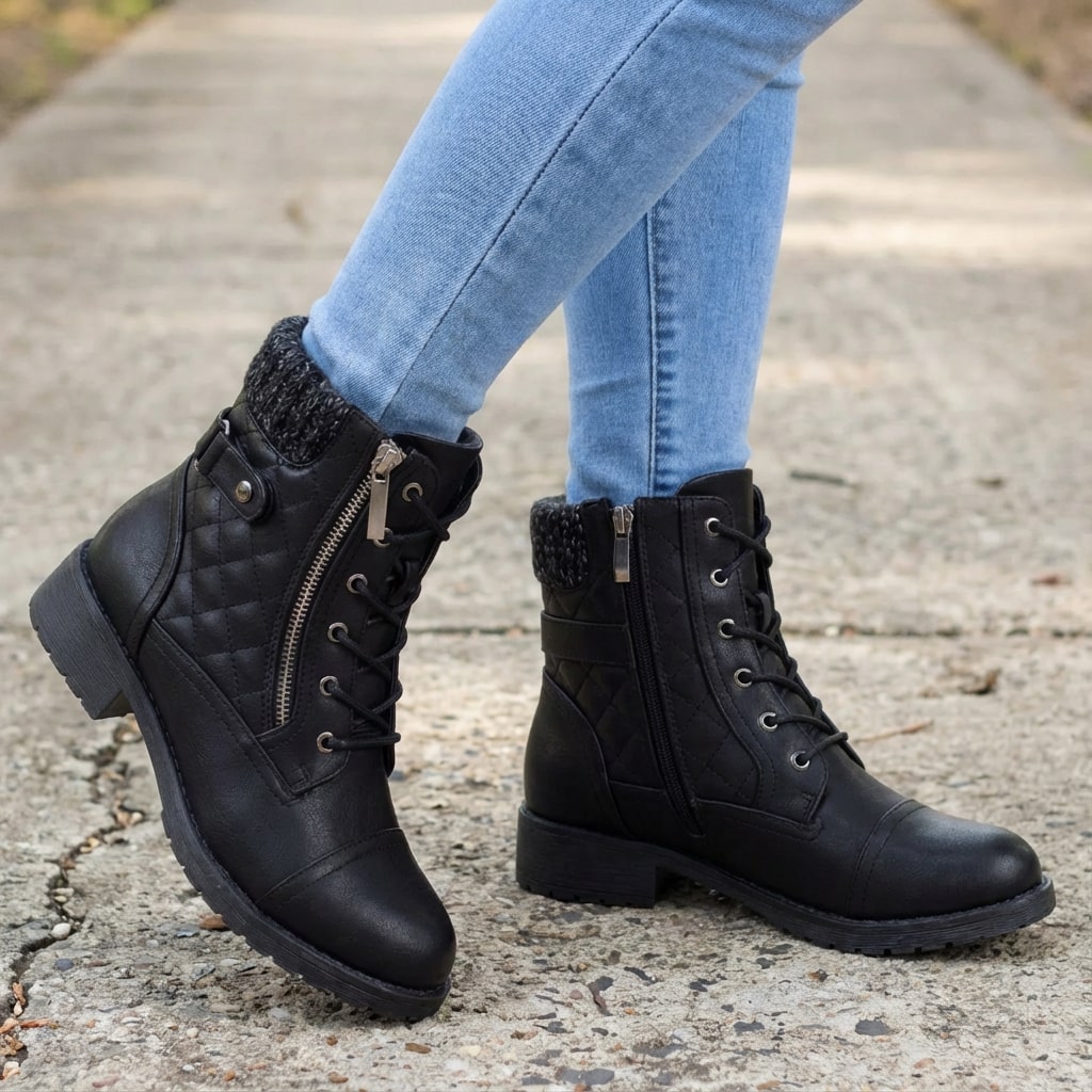 Women's Quilted Lace-Up Ankle Boots in Black - front view