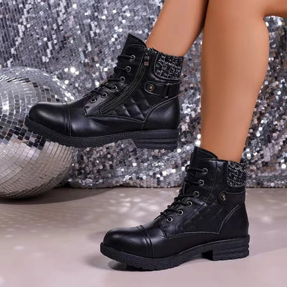 Women's Quilted Lace-Up Ankle Boots in Black - alternate angle showing fit and fabric detail