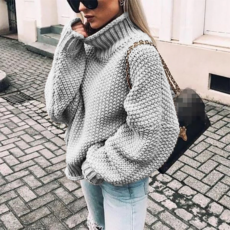 Women's Popcorn Knit Turtleneck Sweater in Grey - front view